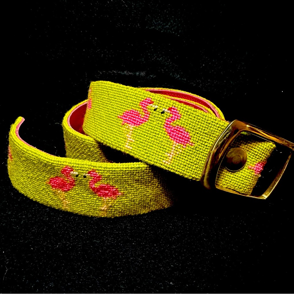 Flamingo Needlepoint Belt Lime Green and Pink With Pink Leather FABULOUS❣️❣️❣️